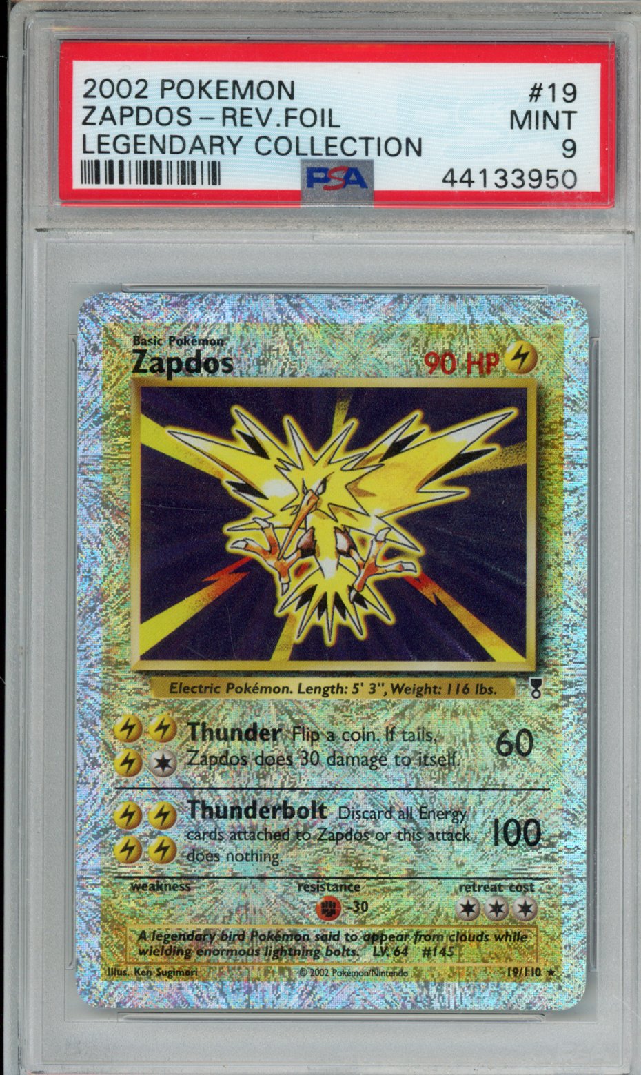 2002 POKEMON LEGENDARY COLLECTION ZAPDOS-REV.FOIL LEGENDARY COLLECTION #19 PSA MINT 9