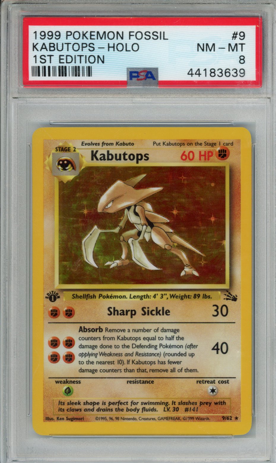 1999 POKEMON FOSSIL KABUTOPS-HOLO 1ST EDITION #9 PSA NM-MT 8