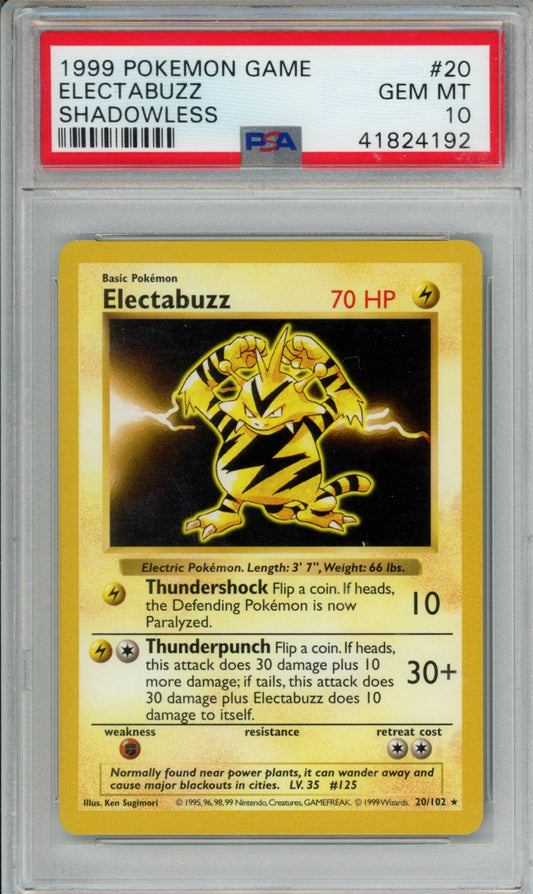 1999 POKEMON GAME ELECTABUZZ SHADOWLESS #20 PSA GEM MT 10