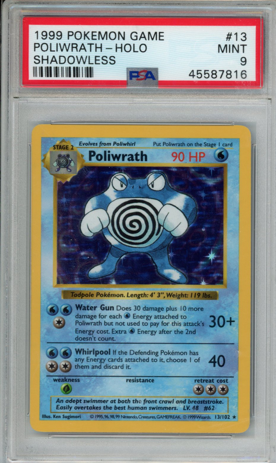 1999 POKEMON GAME POLIWRATH-HOLO SHADOWLESS #13 PSA MINT 9