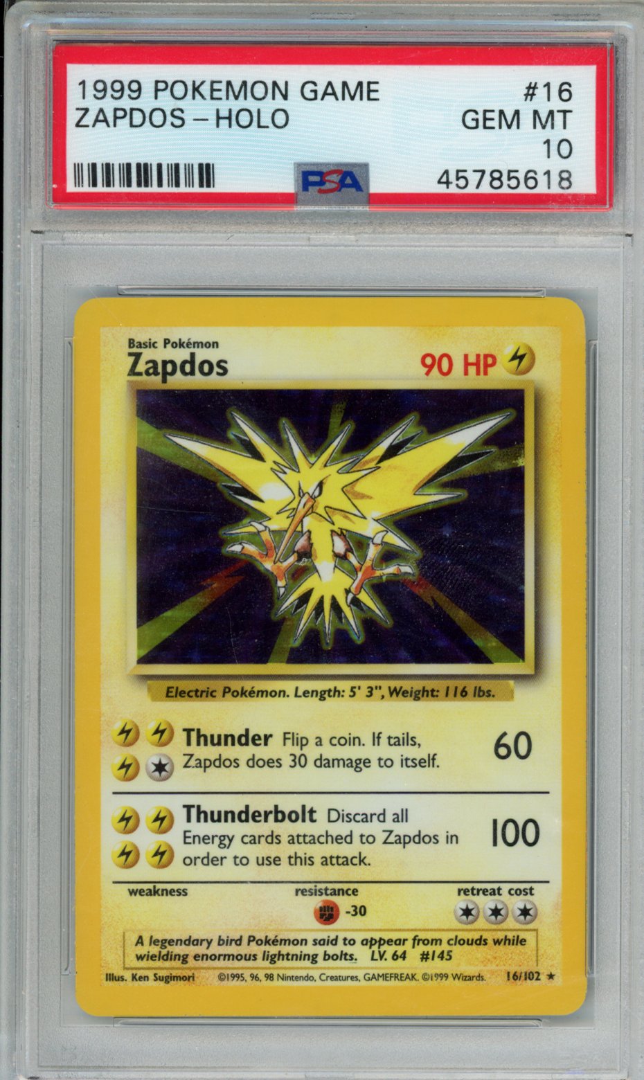 1999 POKEMON GAME ZAPDOS-HOLO #16 PSA GEM MT 10