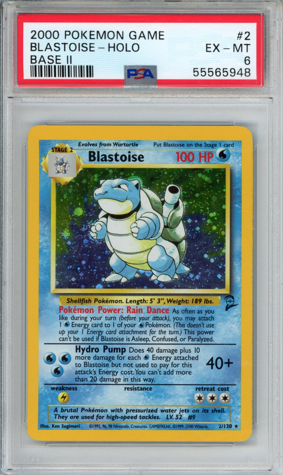 2000 POKEMON GAME BASE II BLASTOISE-HOLO BASE II #2 PSA EX-MT 6