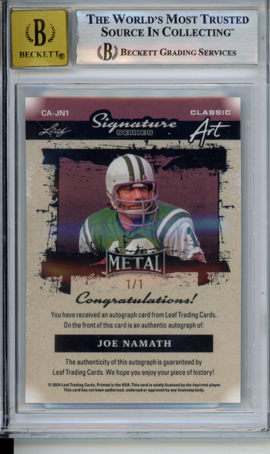 2024 LEAF METAL JOE NAMATH #CAJN1 CLASSIC ART AUTO #1/1 BGS 9/10