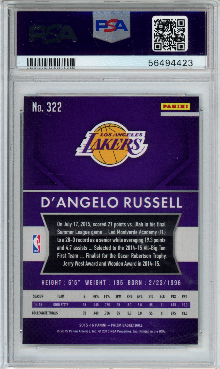 2015 PANINI PRIZM D'ANGELO RUSSELL #322 PSA GEM MT 10