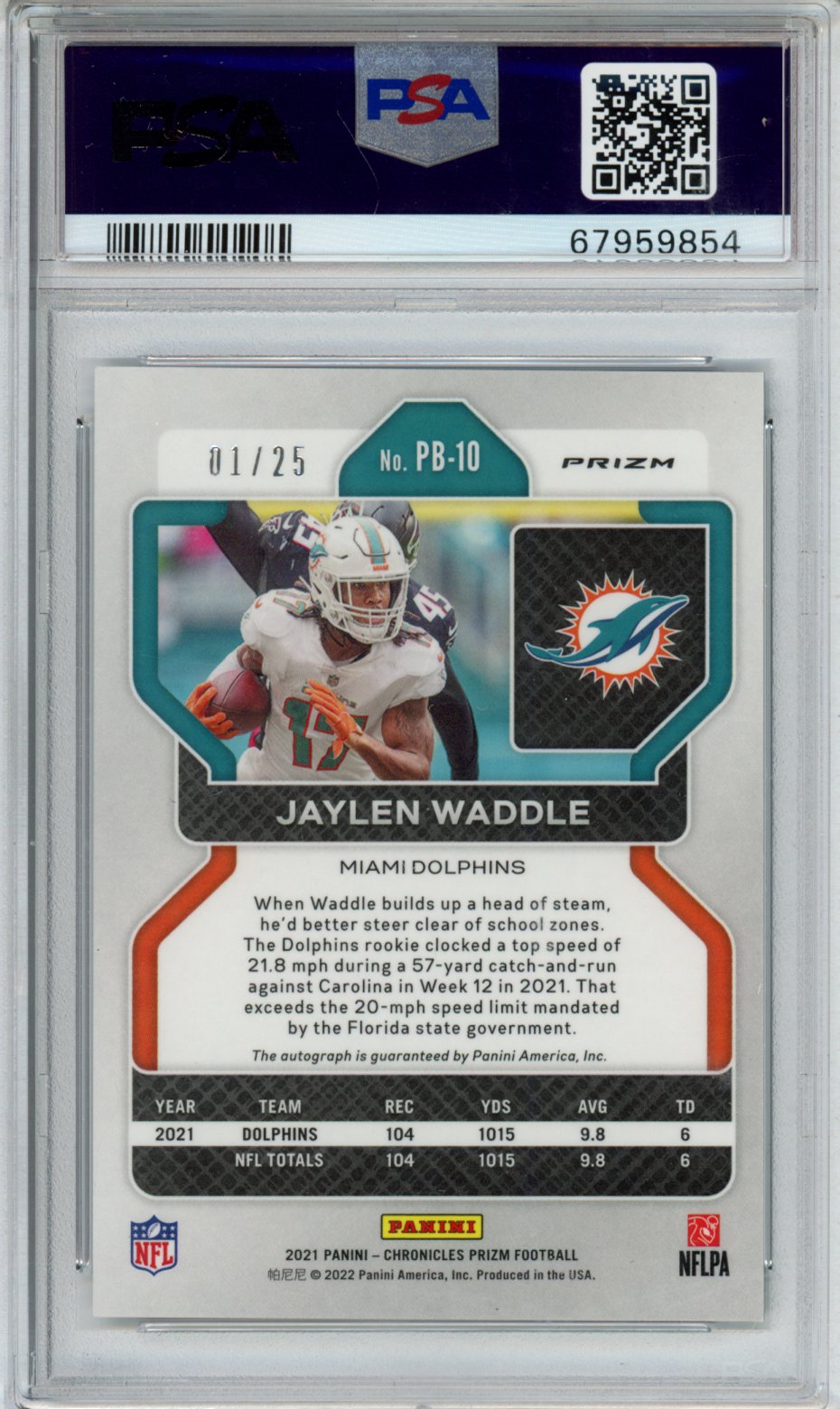 2021 PANINI CHRONICLES PRIZM BLACK JAYLEN WADDLE PRIZM BLACK-SIG-BLUE #PB-10 PSA GEM MT 10