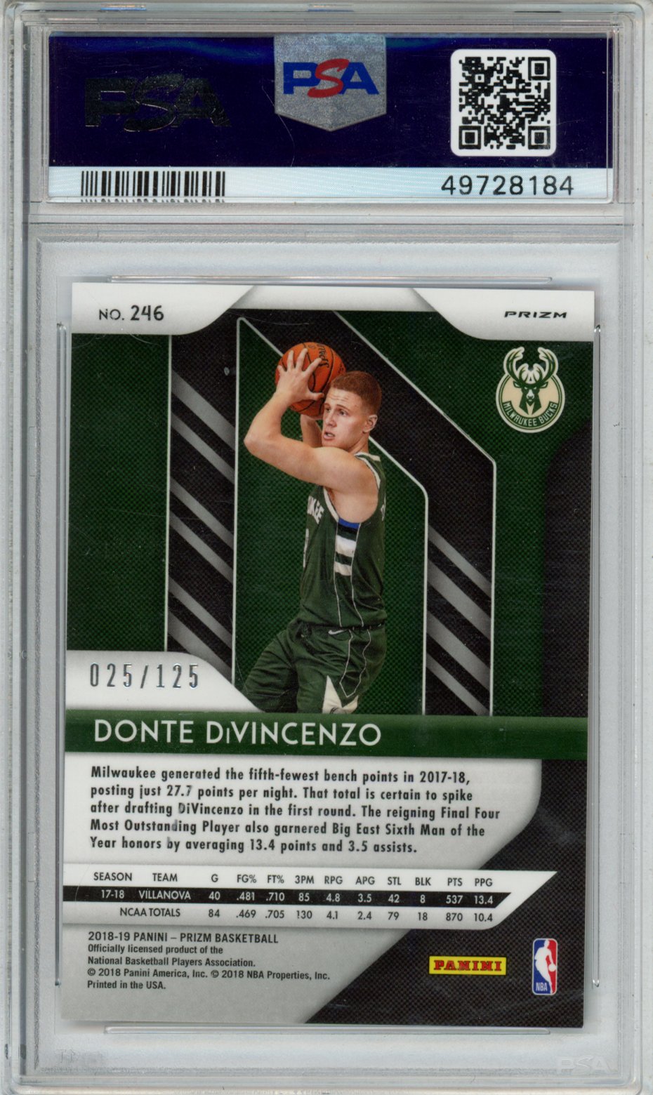 2018 PANINI PRIZM DONTE DiVINCENZO FAST BREAK PRIZM-RED #246 PSA GEM MT 10