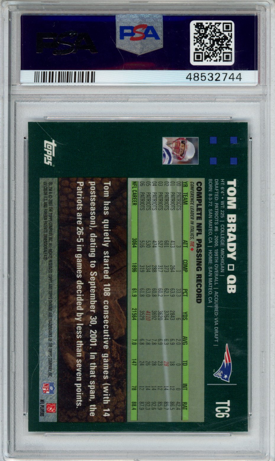 2007 TOPPS CHROME TOM BRADY #TC6 PSA GEM MT 10