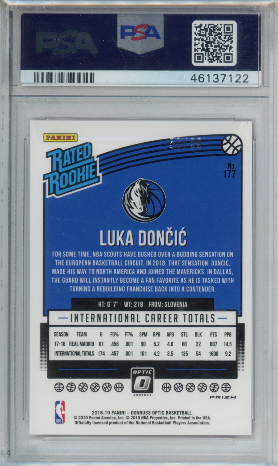 2018 PANINI DONRUSS OPTIC LUKA DONCIC RED #177 PSA GEM MT 10