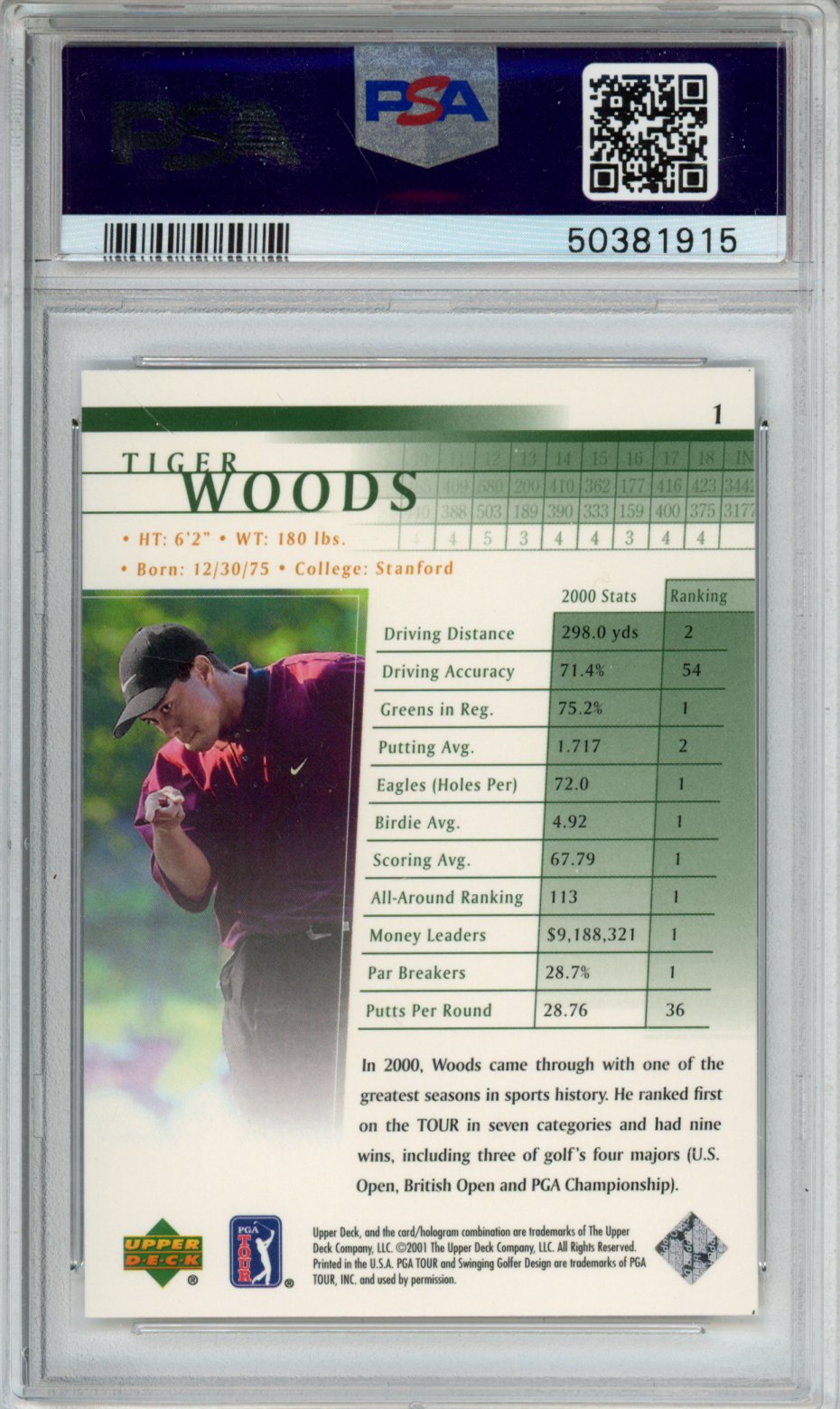 2001 UPPER DECK GOLF TIGER WOODS #1 PSA NM-MT 8