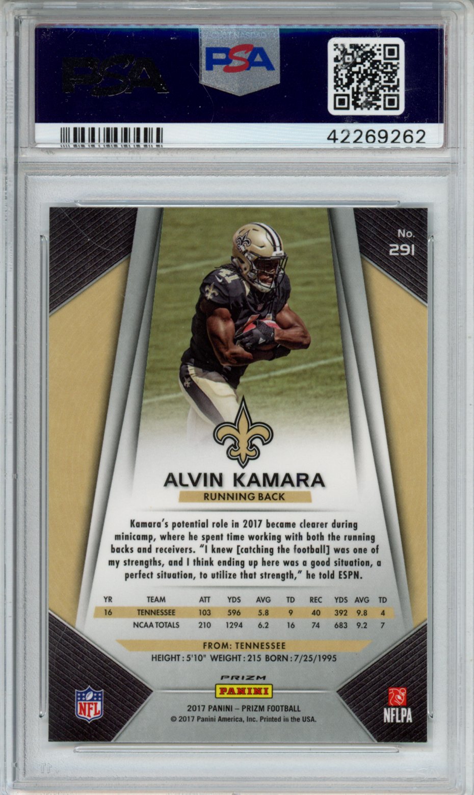 2017 PANINI PRIZM ALVIN KAMARA PRIZM #291 PSA GEM MT 10