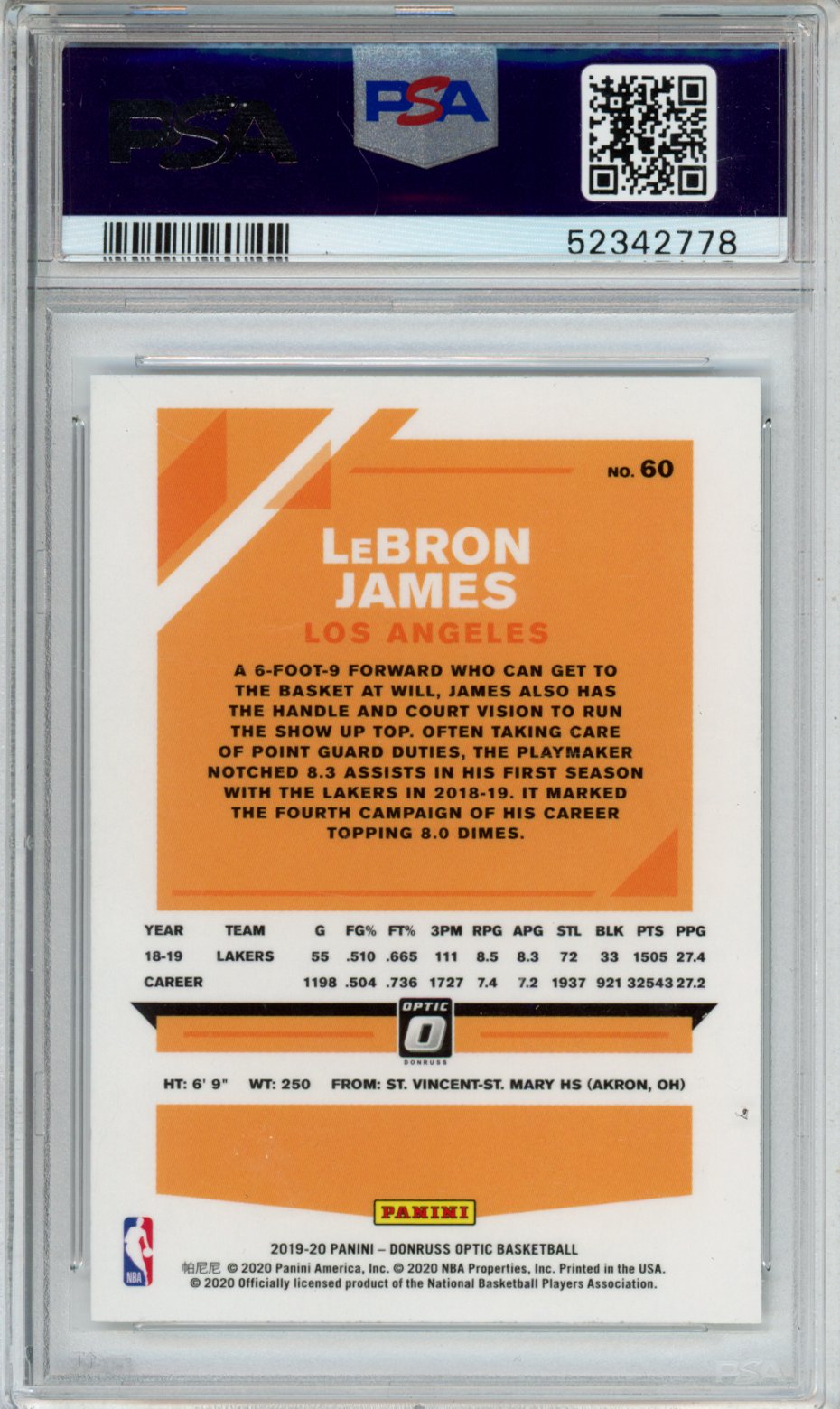 2019 PANINI DONRUSS OPTIC LeBRON JAMES #60 PSA GEM MT 10