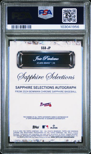 2024 BOWMAN CHROME SAPPHIRE EDITION SAPPHIRE SELECTIONS AUTOGRAPHS JOSE PERDOMO SAPPHIRE SELECTIONS AUTO #SSAJP PSA GEM MT 10