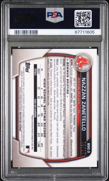 2023 BOWMAN DRAFT SAPPHIRE EDITION NAZZAN ZANETELLO ORANGE #BDC3 PSA MINT 9