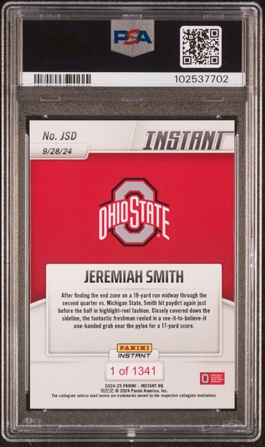 2024 PANINI INSTANT NIL COLLEGE FOOTBALL JEREMIAH SMITH #JSD PSA GEM MT 10