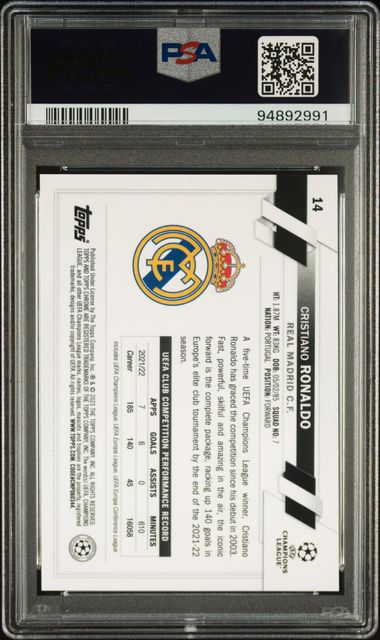 2022-23 TOPPS CHROME SAPPHIRE EDITION UEFA CLUB COMPETITIONS CRISTIANO RONALDO SP #14 PSA GEM MT 10