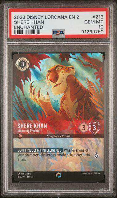 2023 DISNEY LORCANA EN 2-RISE OF THE FLOODBORN SHERE KHAN ENCHANTED #212 PSA GEM MT 10